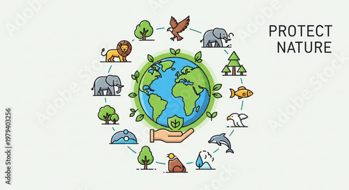 Hand holding earth surrounded by animals trees and nature symbols promoting environmental protection and conservation
