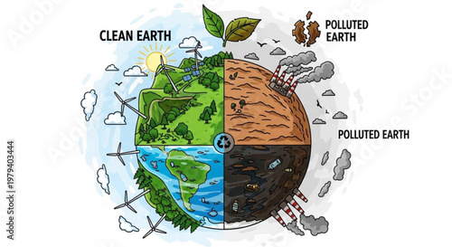 Earth divided into clean and polluted sections with environmental contrast