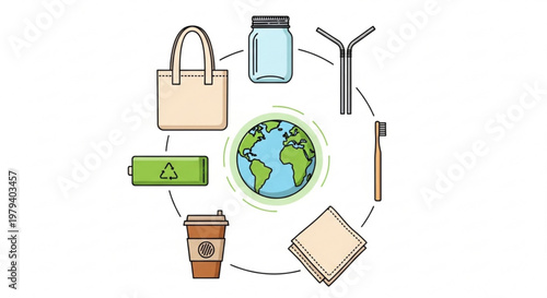 Eco friendly living concept with reusable items and globe on white background