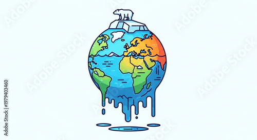 Earth with melting ice cap symbolizing climate change and global warming on a white background