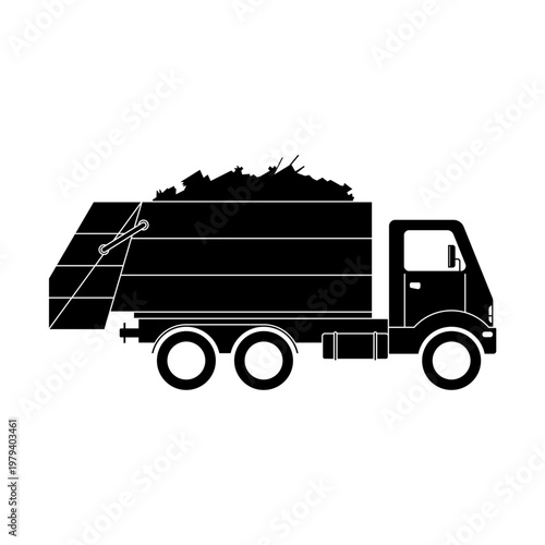 Garbage truck silhouette icon. Garbage truck vector. Plain white background.