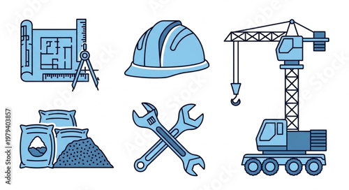 Construction Industry Elements Blueprint Crane Hard Hat Tools and Materials.