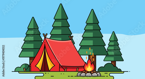 Camping, outdoor adventure, red tent, campfire, forest landscape, travel vector illustration