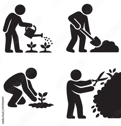 Gardening activity silhouettes with watering digging planting and trimming