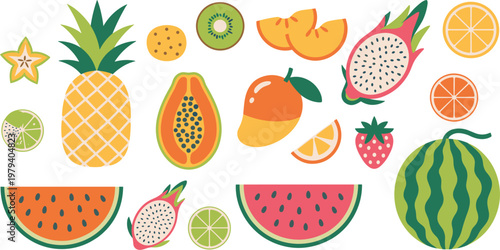 Tropical fruit collection set, flat organic food icons including pineapple, watermelon, papaya and dragon fruit for summer design vector