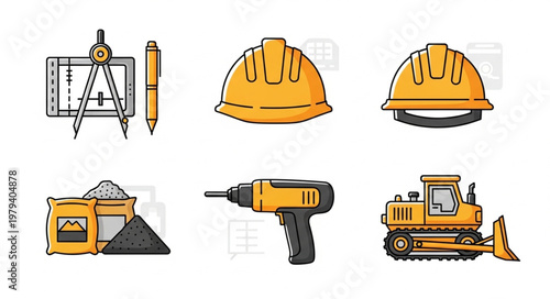 Construction Industry Tools and Equipment Icons.