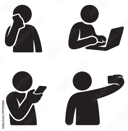 Technology interaction silhouettes with phone laptop smartphone and selfie