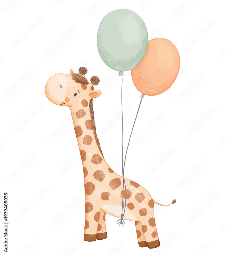 Fototapeta premium Cute baby giraffe with balloons, african animal on isolated background. Childish illustration in neutral colors for kids