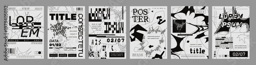 Fotografía Retro futuristic posters with distorted geometric forms and ASCII style elements