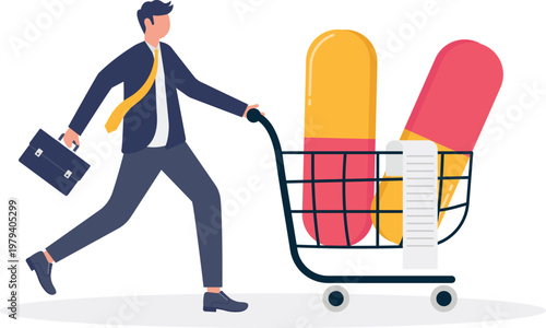 Professional pushing a shopping cart with giant pills