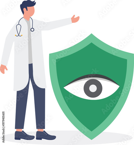 Doctor holding a giant shield with an eye icon