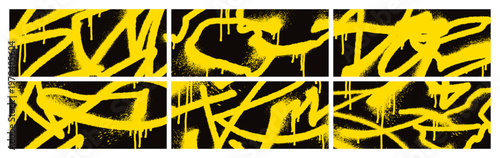 Abstract graffiti street art backgrounds, grunge spray paint scribble lines with drips and splatter. Bold yellow ink strokes on black background, expressive urban street art banner template vector set