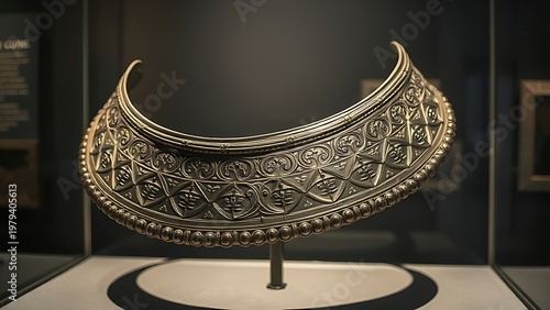 accuser. Polished steel gorget with etched patterns displayed in a museum showcase. event programs, museum guides, designed for cultural heritage projects and event programs.