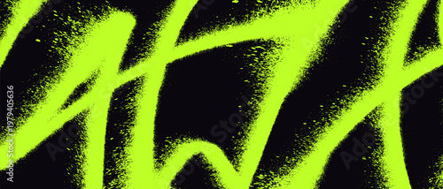 Abstract graffiti street art background, grunge spray paint scribble lines with splatters. Bold neon green ink strokes on black backdrop, expressive urban street art banner template vector set