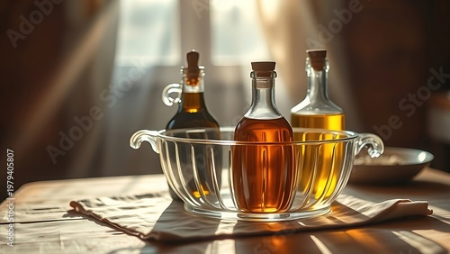 cruet. Classic glass cruet set on rustic wooden table with linen cloth, sunlight streaming through. bar promotions, beverage menus, designed for food & beverage menus and cafe branding.