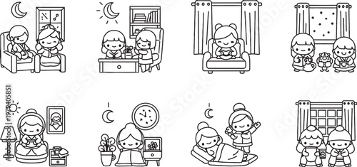 Black and white cartoon illustrations depicting various daily life scenes and routines with cute characters.