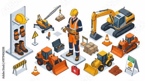 Isometric Construction Site with Worker and Heavy Machinery.