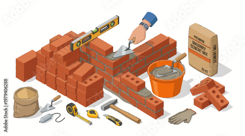 Isometric Illustration of Bricklaying Tools and Materials for Construction.