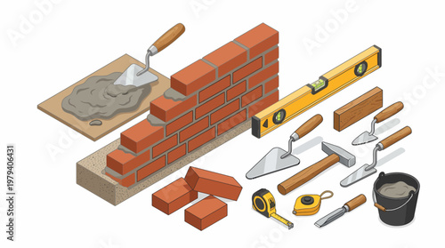 Isometric View of Bricklaying Tools and Brick Wall Construction.