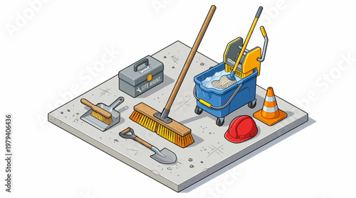 Isometric View of Construction and Cleaning Tools on Concrete Slab.
