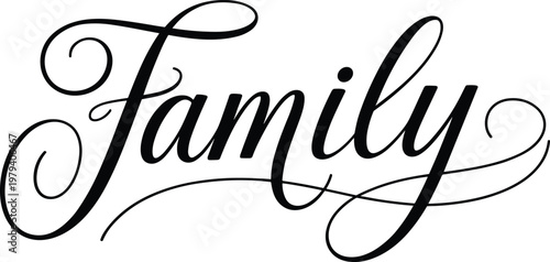 Black script typography spelling the word Family with ornate flourishes on a white canvas togetherness
