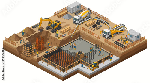 Isometric View of Construction Site with Heavy Machinery and Foundation.