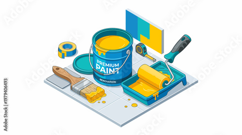 Isometric View of Painting Supplies Paint Can Brush Roller and Tape.