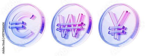 Φωτογραφία Hologram glass transparent euro, japanese yen and korean won coin set