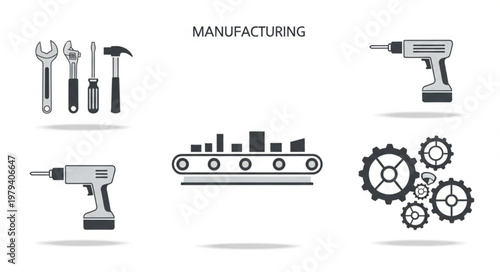 Manufacturing industry icons tools and equipment for production.