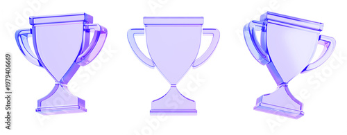 Quadro su tela 3d crystal holographic trophy set, glass cup line icon with blue purple gradient