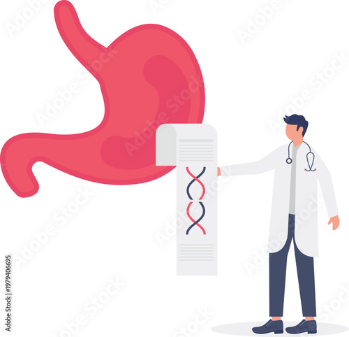 Doctor holding a report in front of a giant stomach