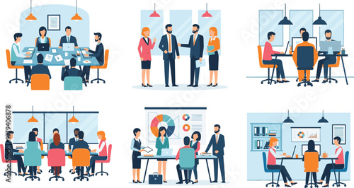 Collage of modern business meeting scenes with diverse professionals collaborating in office environments