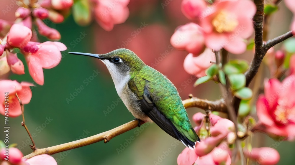 Obraz premium Hummingbird perching on branch with pink flowers blooming