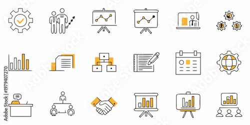 Business and management icons depicting strategy growth and teamwork