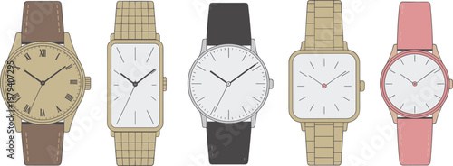 Wristwatch collection set, diverse classic and modern hand watch icons with leather and metal straps vector illustration