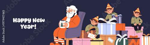 Design of Happy New Year banner. Festive template with Santa Claus and elves sitting on heap of Christmas gifts. Layout with pile of xmas presents, winter holiday surprises. Flat vector illustration