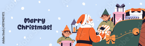 Design of Merry Christmas banner. Template with elves help Santa Claus loading New Year gifts into sledge. Festive layout for winter holidays with sleigh and Xmas presents. Flat vector illustration