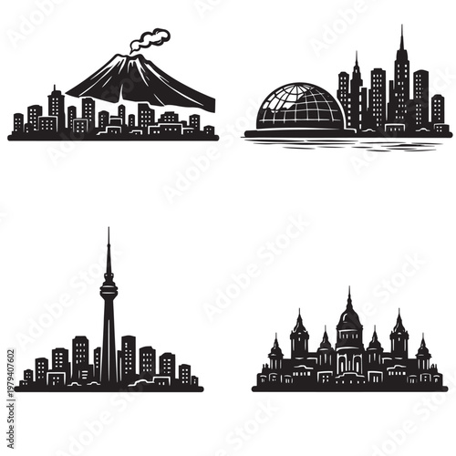 City skyline silhouettes with Tokyo New York Toronto and Moscow landmarks