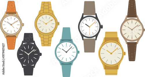 Wristwatch collection set, luxury and casual hand watch icons with leather and metal straps for fashion design vector