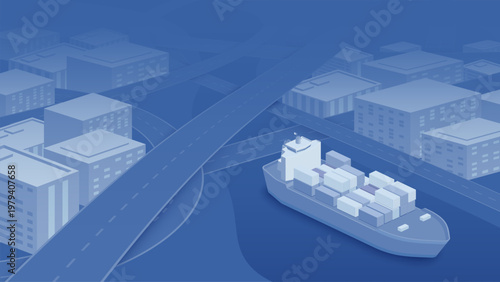 Isometric Cargo Ship with Containers Near City Infrastructure