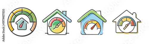Energy efficiency house icons set, residential smart home power consumption meter, 4 colorful vector gauges for real estate sustainability