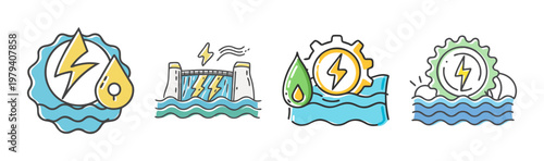 Renewable energy icons set, hydroelectric power and water energy symbols, sustainable electricity generation vector illustrations for ecology projects