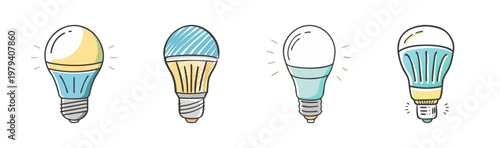 Hand drawn LED light bulb icons, set of 4 energy saving lamp vectors, colorful doodle style lightbulbs for eco friendly technology and creative ideas