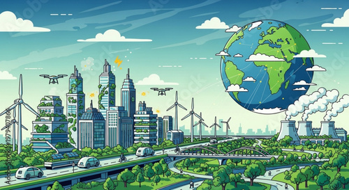 Sustainable cityscape with green earth wind turbines and eco friendly transportation depicting a futuristic urban environment with a focus on renewable energy and environmental