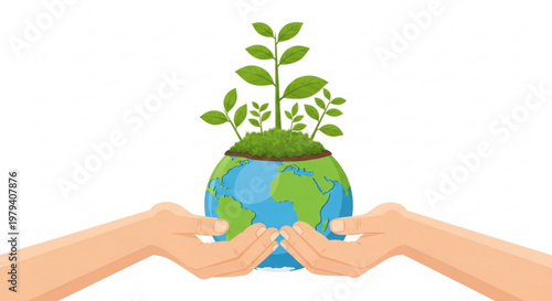 Hands cradling earth globe with green sprouts emerging symbolizing environmental care and sustainability