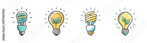 Eco friendly light bulb icons set, green energy lightbulb vector collection with leaves, sustainable electricity and environment conservation concept
