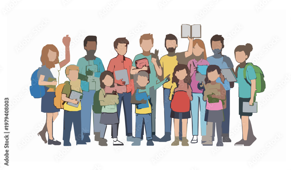 Fototapeta premium Back to school happy student group with books and devices vector