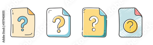 Hand drawn document icons with question marks, set of 4 colorful paper file vectors, unknown file format symbols for web and app design