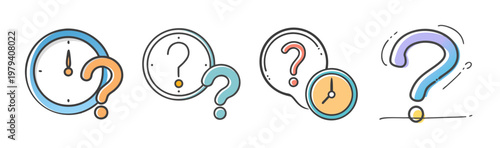Modern line icons of clock and question mark symbols, set of 4 vector elements for time management and uncertainty, colorful flat outline design