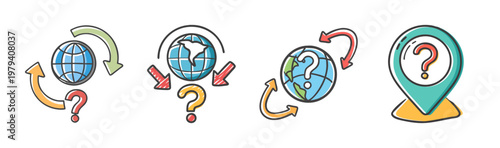 Global logistics question icons, world map and question mark symbols, set of 4 colorful vector illustrations for international shipping and tracking